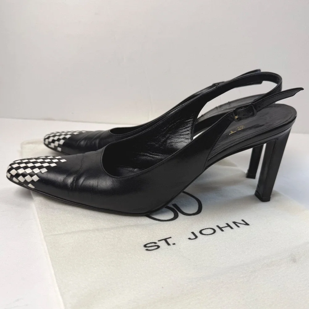Vintage St. John Anna Slingback Pumps Two Tone Kitten Heel 8B Blk Leather‎ Italy